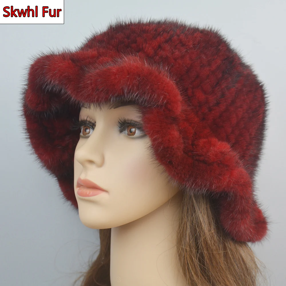 

New Luxury Knitted Real Genuine Mink Fur Hats Women Beanies Solid Real Mink Fur Caps Winter Lady Party Fashion Fur Hat Skullies