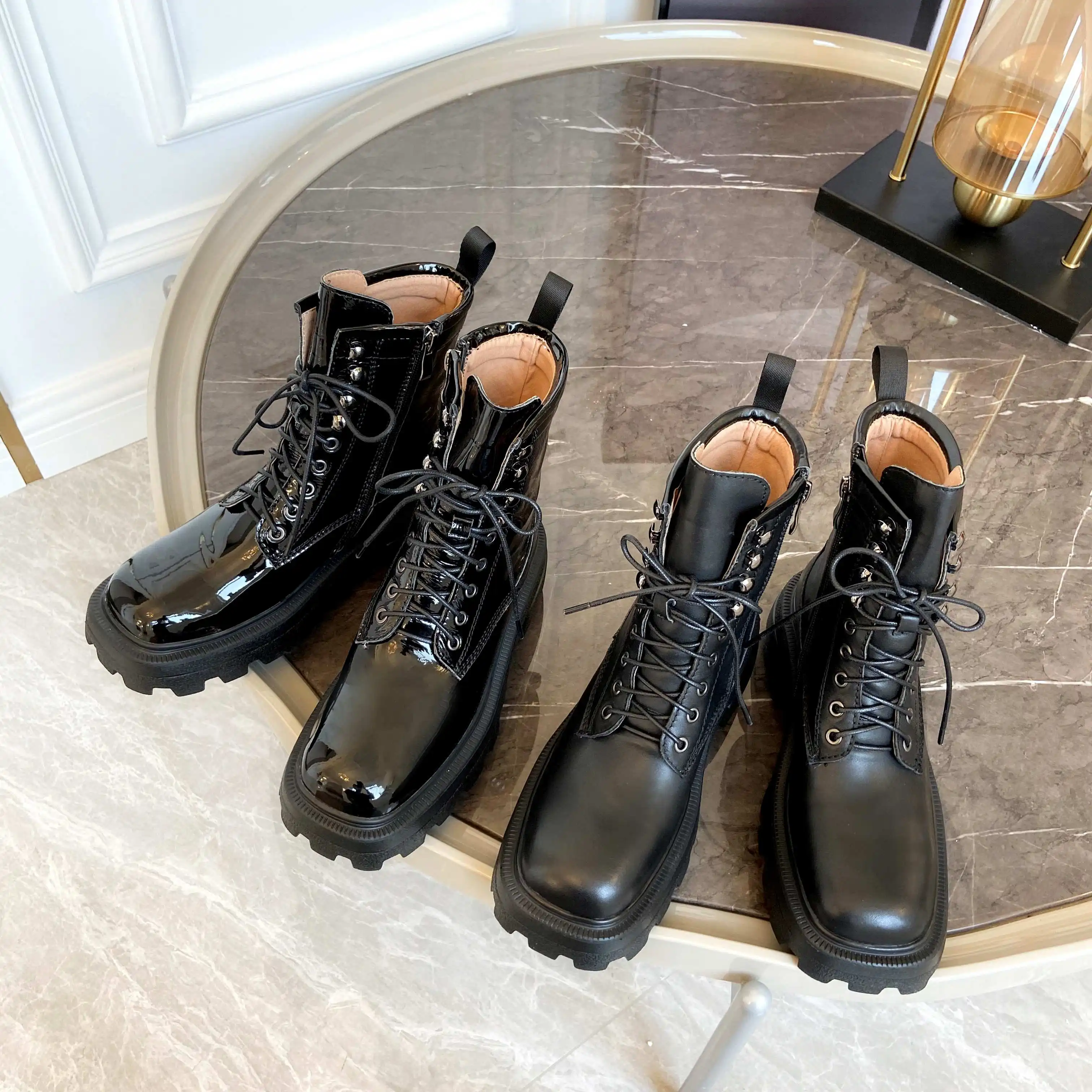 

Krazing Pot motorcycle boots natural leather cross-tied square toe thick high heel zipper coolest rock gorgeous ankle boots L61
