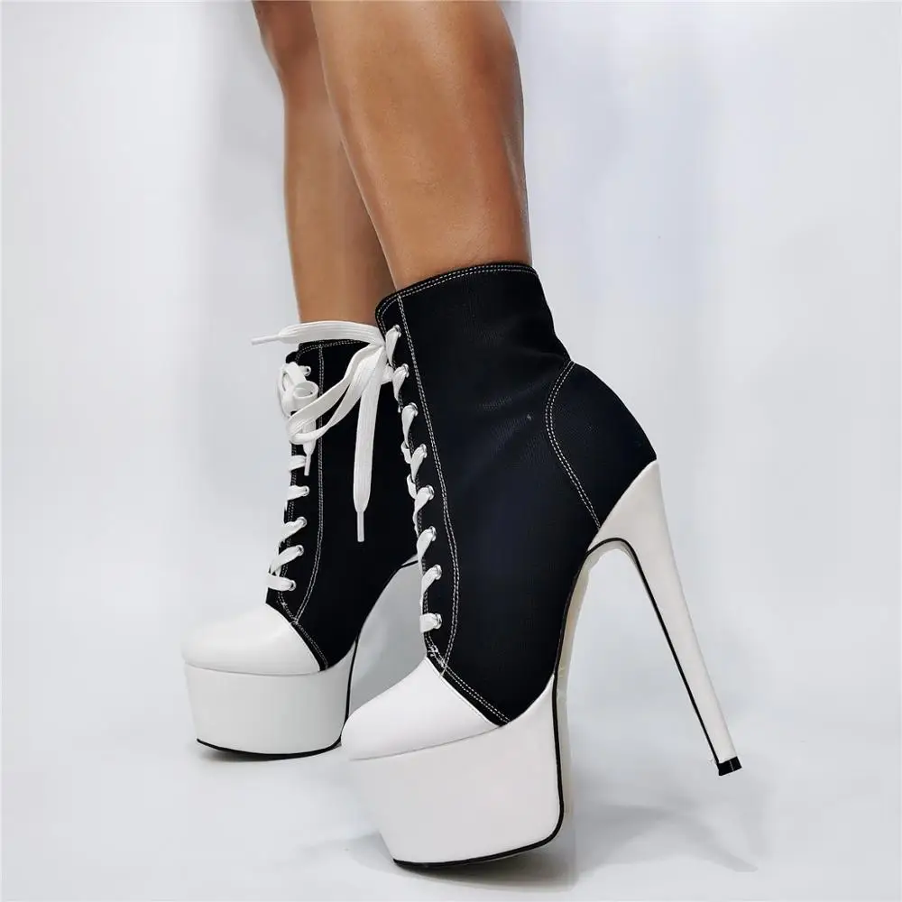 spesifikasi Drop Shipping Baru Gadis Hitam Putih Patchwork Hak Tinggi Sepatu Bot Wanita Fashion Round Toe Platform Renda Sepatu Bot Pendek