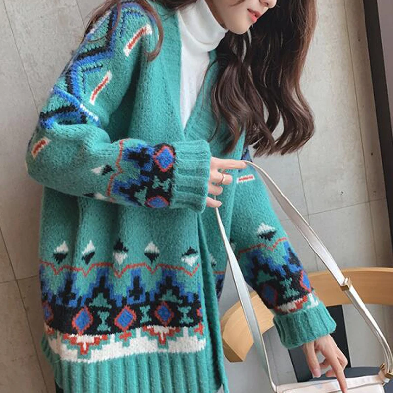 Женский свитер в этническом стиле Hirsionsan Свободный Вязаный Кардиган большого