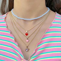 trendy love heart pendant multilayer chain necklace for women pink crystal heart shaped charm pearl beaded necklaces jewelry