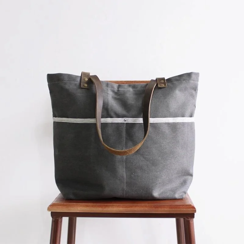 Оригинальная темно-серая большая кожаная Холщовая Сумка ручной работы женская