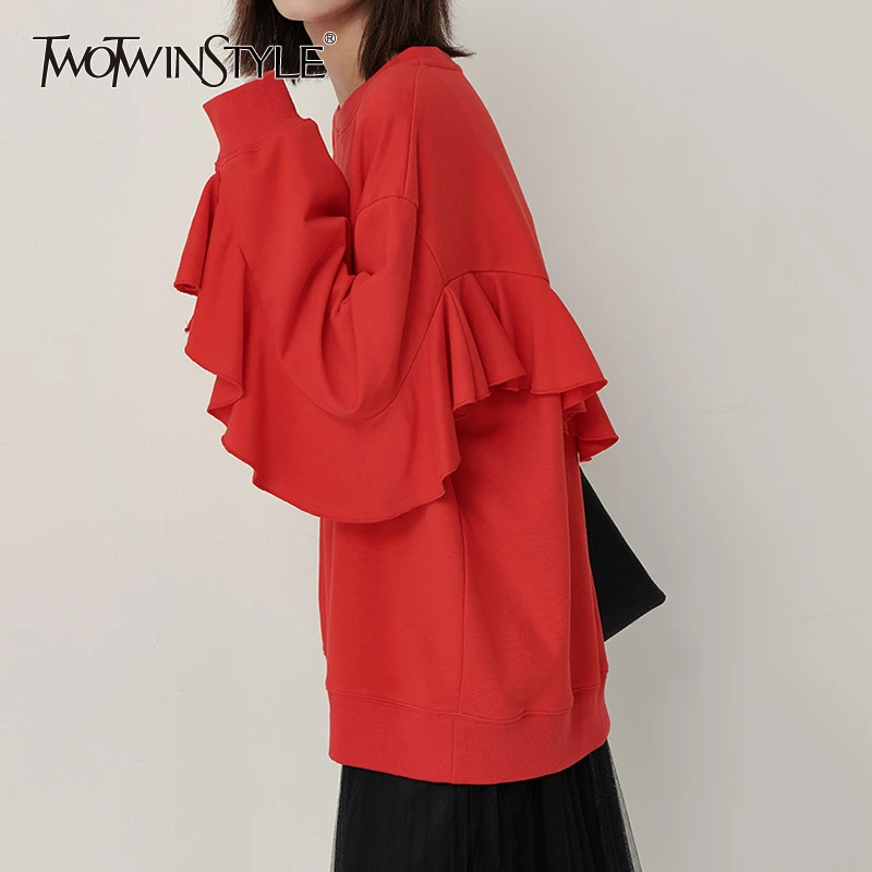 TWOTWINSTYLE корейский гофрированный женский свитер с круглым вырезом и длинными