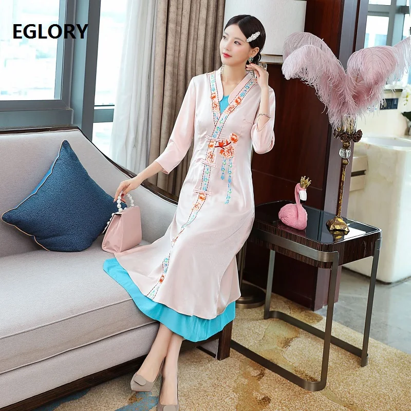 

Top Quality Brand Chinese Dress 2020 Autumn Woman Luxurious Embroidery Blue Pink Color Block Three Quarter Sleeve Mid-Calf Dress