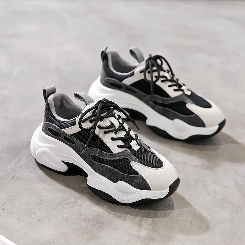 

Женские массивные кроссовки, бежевые дышащие кожаные повседневные спортивные туфли на платформе, на шнуровке, обувь с вулканизированной по...