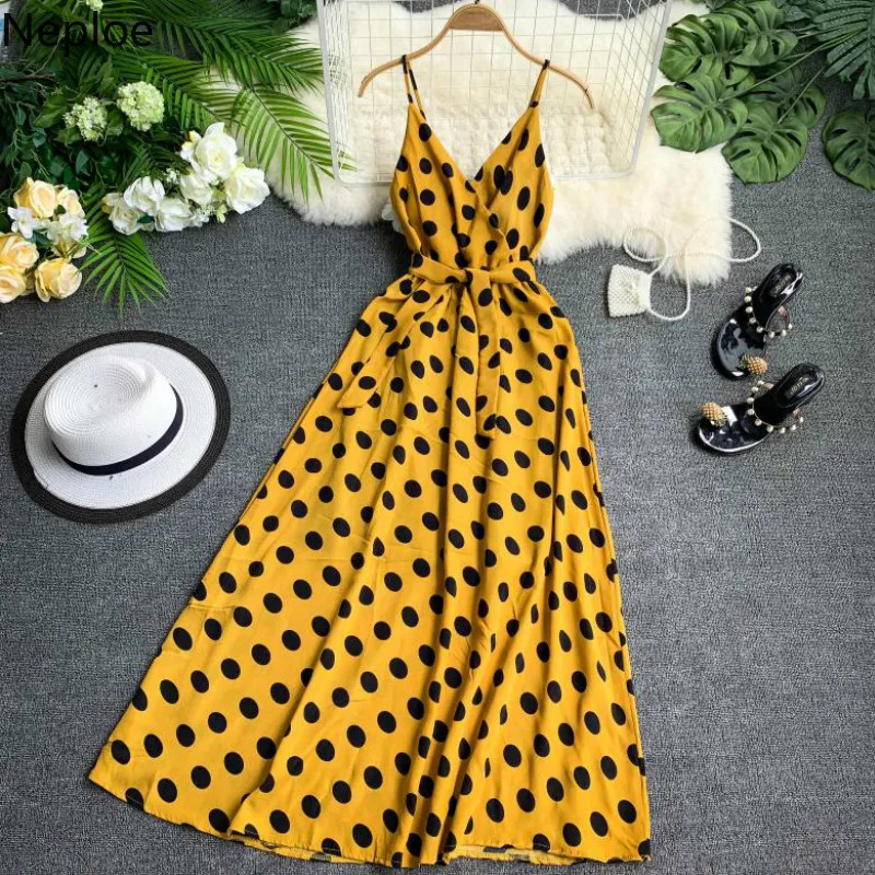 Neploe Dot Print Лето, женское платье, шикарное, большое крыло, Топики, Vestidos, Ретро стиль, v-образный вырез, открытая спина, шнурок, пляжные платья 43349