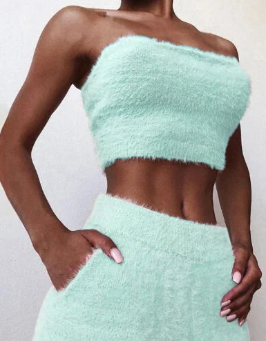 

2021 New Fashion Sexy Strapless Women Wool Chest Sleeveless Crop Top Shorts Pants Set Casual wrap