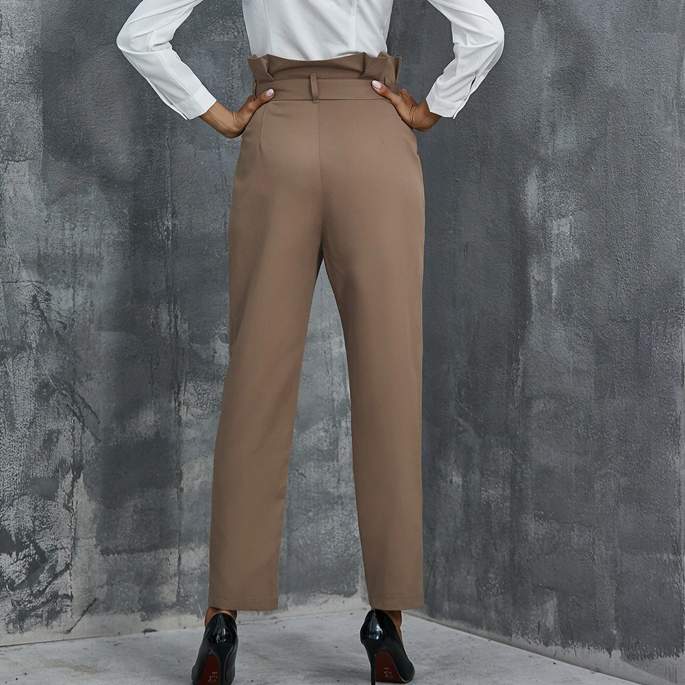 

Khaki Straight Leg Long Pants Women 2021 High Waist Lace Up With Pockets Ladies Casual Elegant Office Lady Vintage Trousers