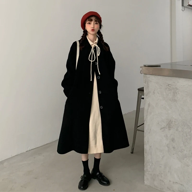 

Korean Solid Long Sleeve Chic Outerwear Women Trench Jack Casual Long Loose Overcoat Autumn Winter Fashion Elegant Wool Coat
