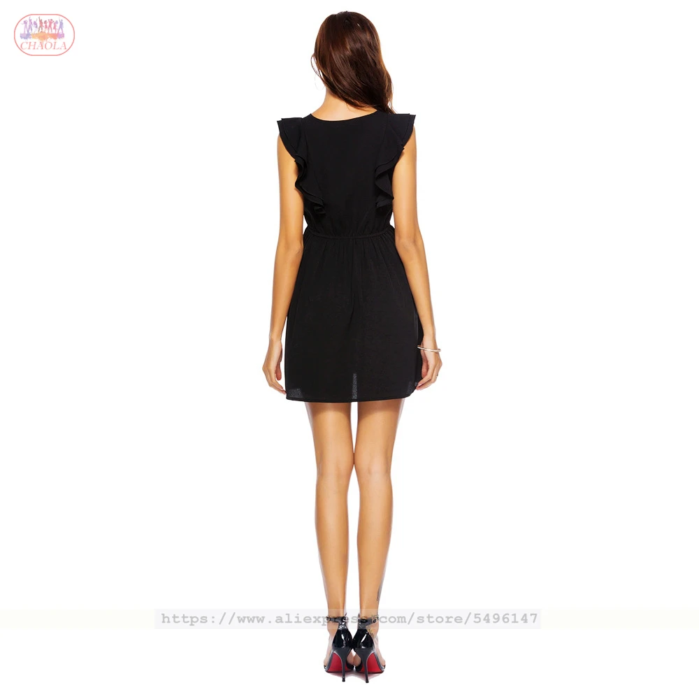 

2020 New Casual round neck ruffled sleeveless solid color mini dress for women