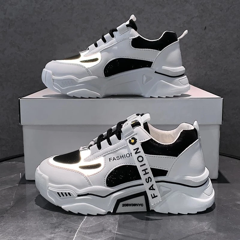 

2021 Spring Reflective Platform Footwear Women Thick sole Shoes Korean Dad Chunky Sneakers Mixed Color Women's Vulcanize Shoes
