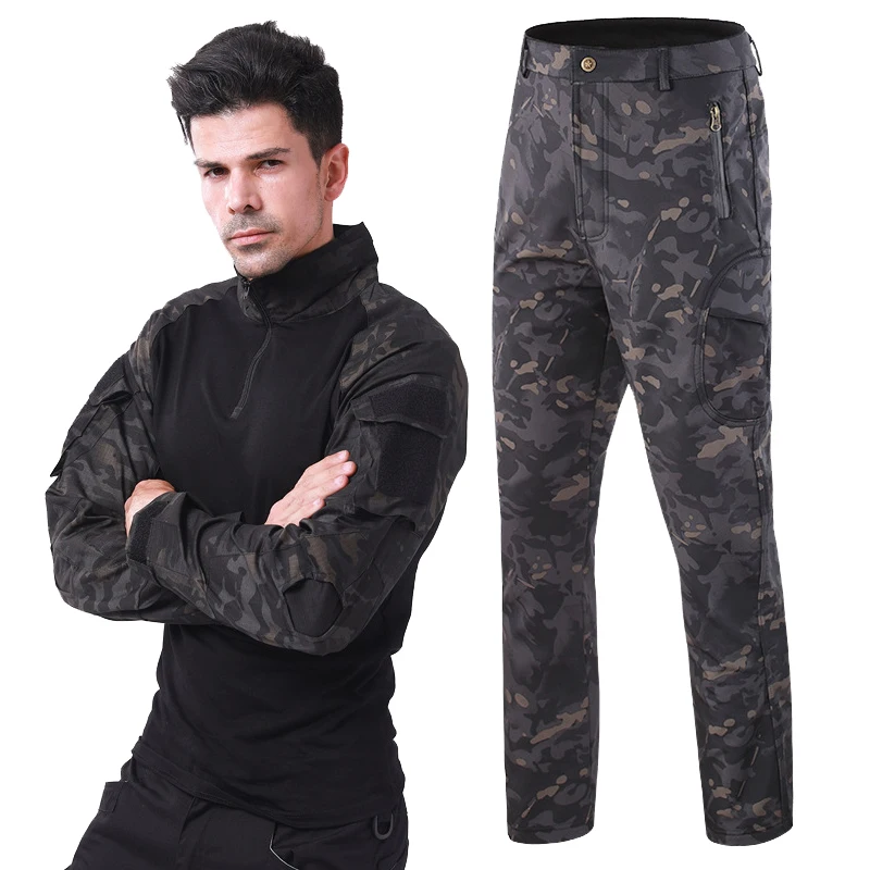 CP-Black 2 шт., Мужская Уличная тактическая рубашка, спортивный комплект, Походные штаны, камуфляжные военные рубашки для рыбалки, Мужская одежда для стрельбы, охоты - Цвет: CP-Black