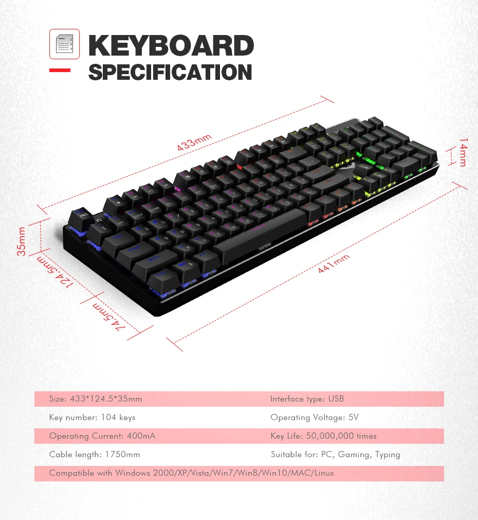 HAVIT Mechanical Gaming Keyboard with Blue or Red Switch, 87/104 Keys, for Tablet Desktop with Russian Sticker image 6