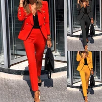 2 pieces casual fashion womens long sleeve suit collar fashion temperament slim blazer high waist loose trousers suit pants