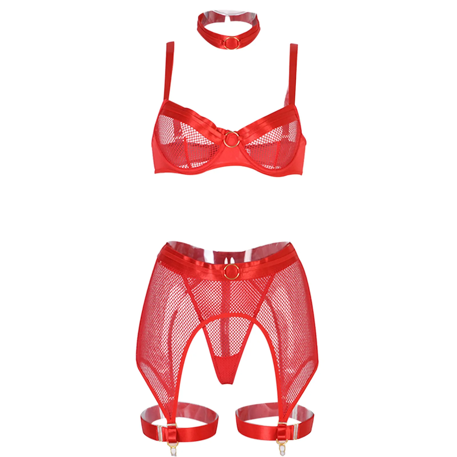 

Комплект женского нижнего белья из четырех предметов, модный однотонный сетчатый бюстгальтер и трусики с поясом-подвязкой и чокером
