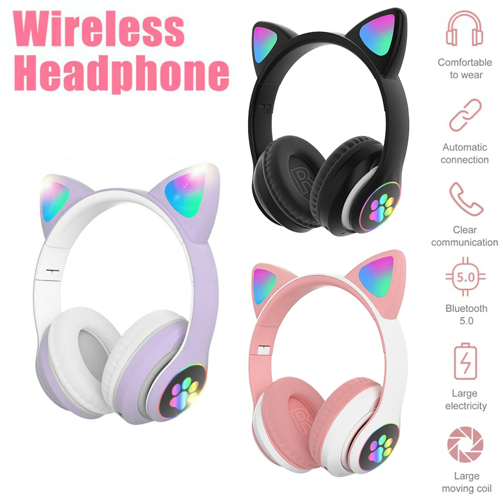 

Беспроводная гарнитура сабвуфер Bluetooth-совместимые наушники HiFi Складные красочные кошачьи уши с RGB светильник кой для музыки игры девушки