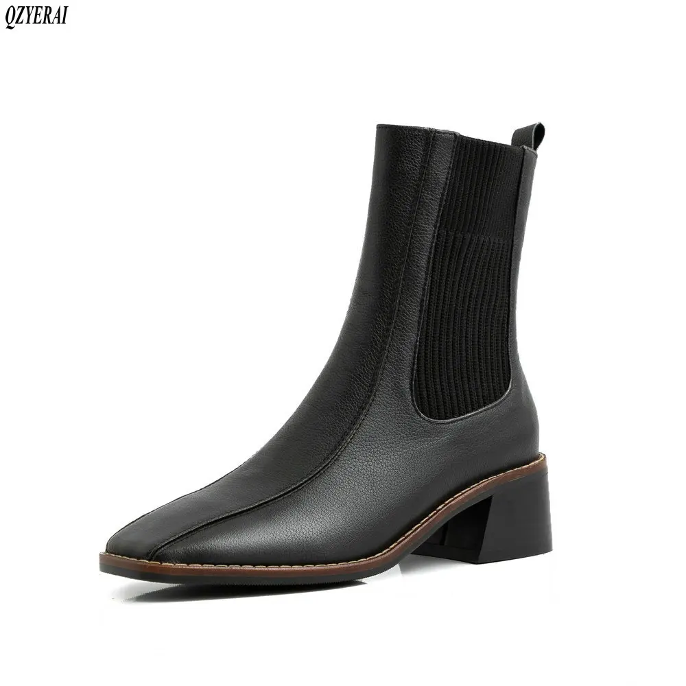 

Women boots Genuine leather Chelsea boots 6 cm high heels Fashion boots Women's shoes Black white