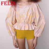 felin za tie dye women blouse ruffles chic pink suqare collar mujer tops loose sweet single button shirts women fashion 2021