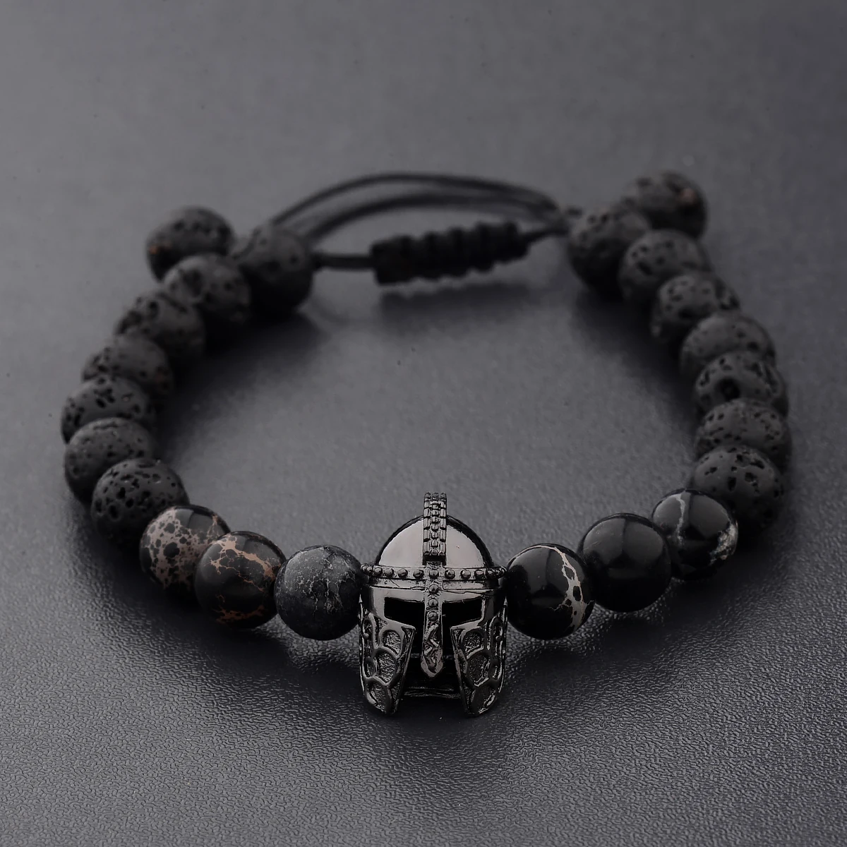 

European Couple Fashion Natural Stone Bracelet Volcanic Stone Colored Emperor Stone Beaded Bracelet Alloy Helmet Bracelet Gifts