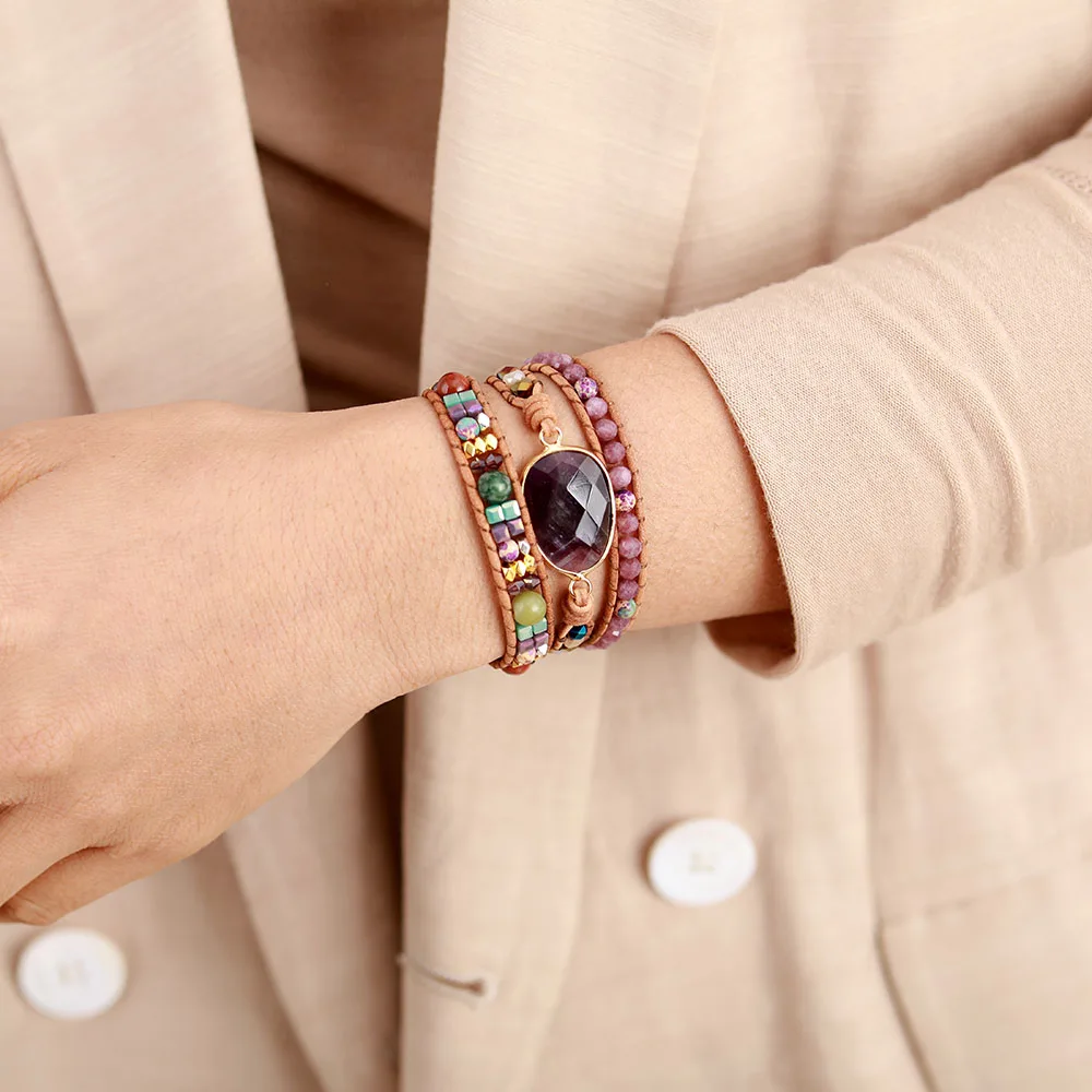 

Personalised Leather bracelet with natural stones and amethyst, bracelet with crystal beads, Triple style, bohemian jewelry