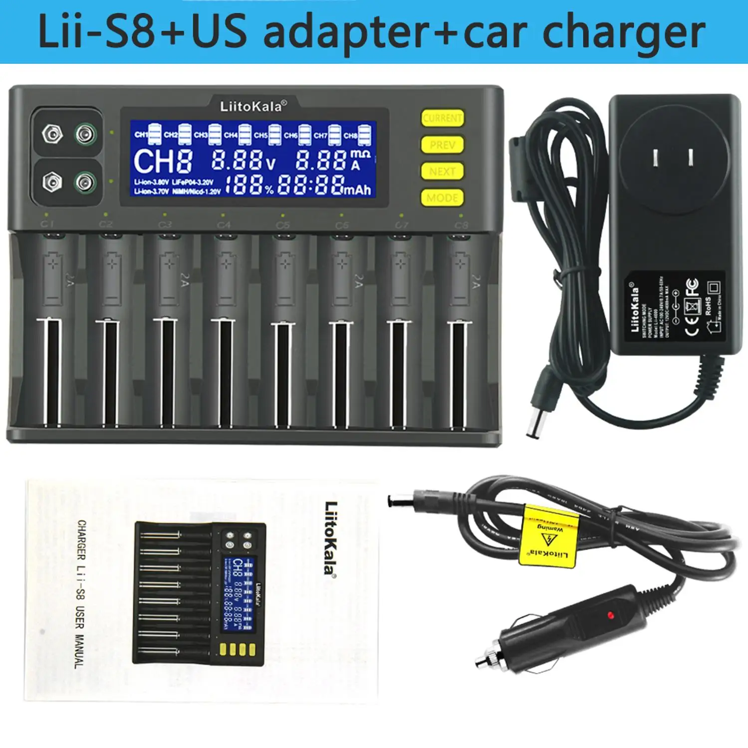 

LiitoKala Lii-S8 8 Slots LCD Battery Charger for Li-ion LiFePO4 Ni-MH Ni-Cd 9V 21700 20700 26650 18650 RCR123 18700