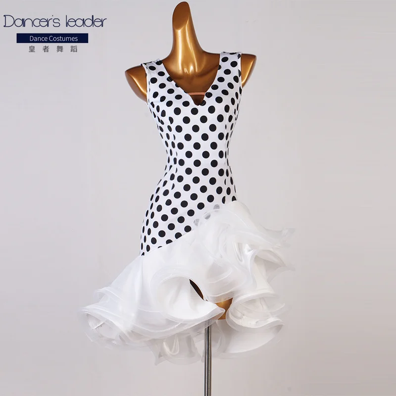Latin Dance Sexy V-neck Big Swing Skirt Black White Polka Dot Leopard Color Dance Costume Female Stage Competition Suit