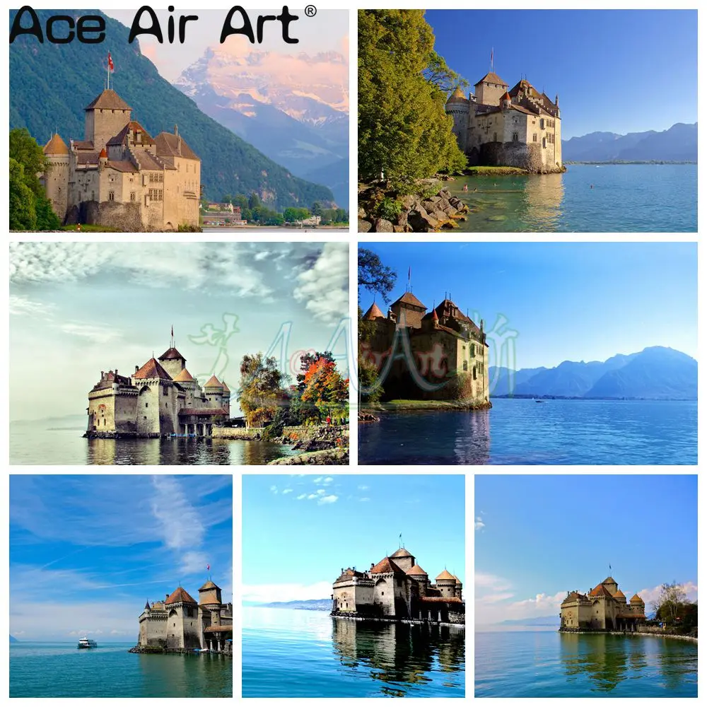 5D DIY Beautiful Scenery Diamond Art Mosaic Landscape Diamond Embroidery Rhinestones Swiss Chillon Castle,Veytaux for Decoration