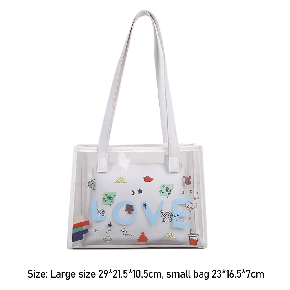 

2pcs Composite Bags Transparent Cartoon Printing Patchwork Shopping Shoulder Bag Tote Handbags Casual Ladies Pure Color Bag