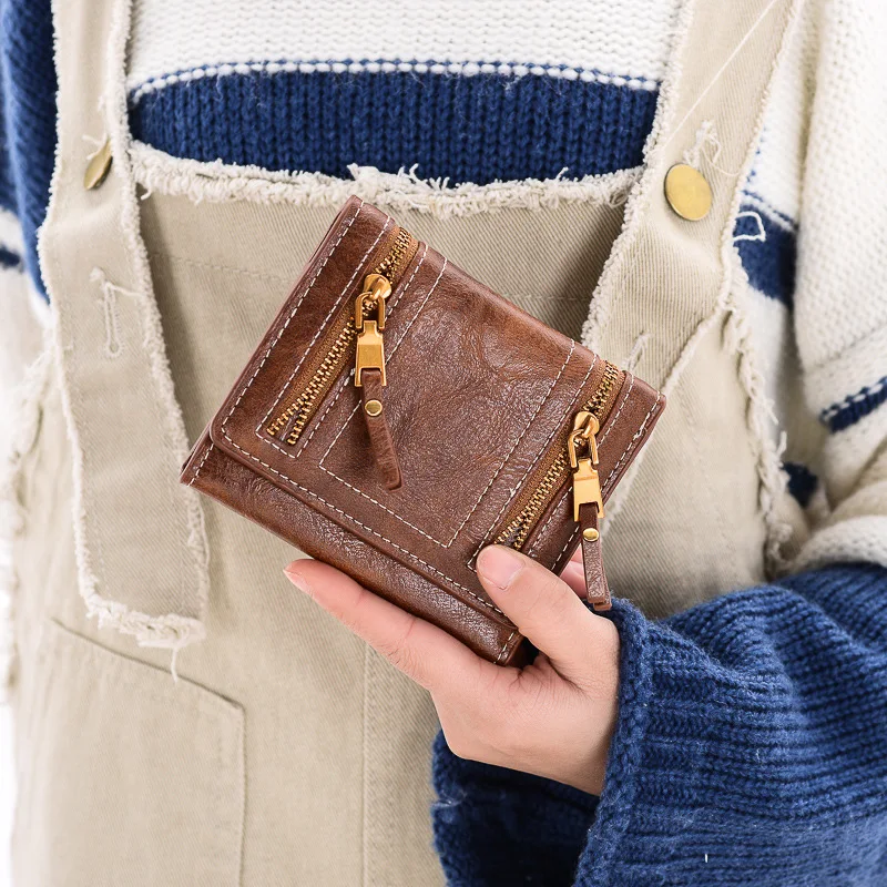 Женский винтажный кошелек модный короткий из вощеной кожи с двумя цепочками |