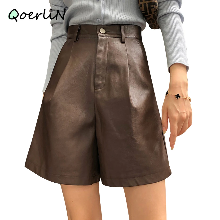 

QOERLIN Faux Leather Bermuda Shorts Vintage Chic Imitation PU Shorts Women Fall Winter Wide Leg Loose Casual Shorts Black S-2XL