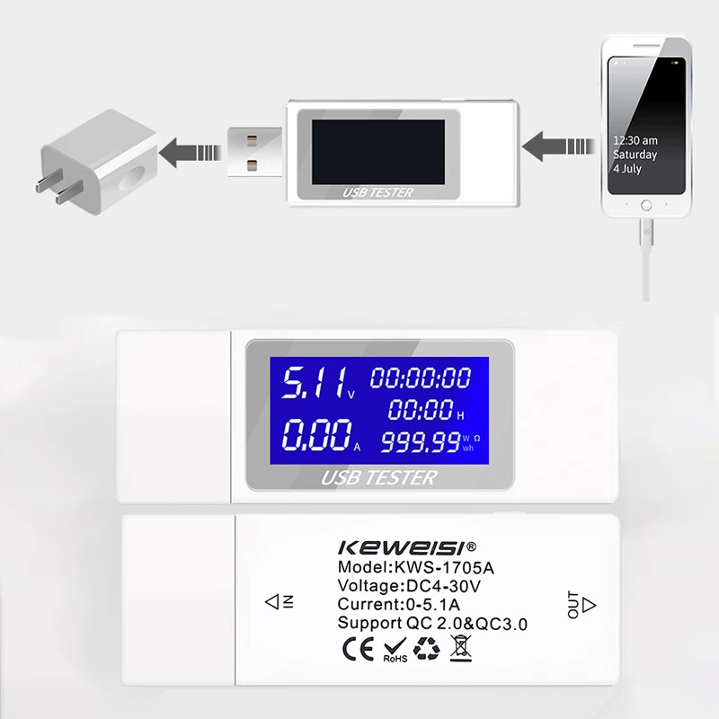 USB Тестер Вольтметр DC4-30V 0-5A QC2.0 3 0 ЖК-дисплей Ток Напряжение зарядное устройство