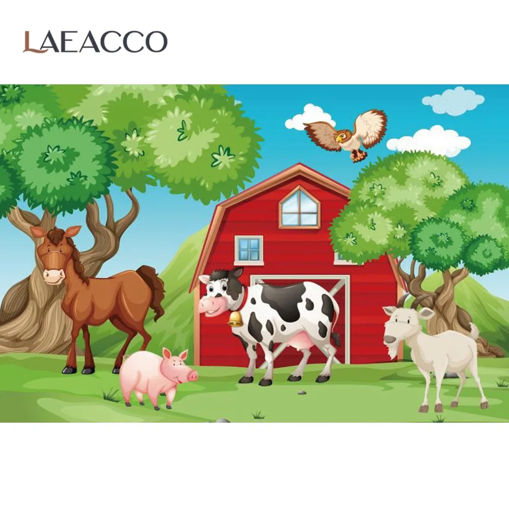 Laeacco ферма фоны животные день рождения Корова Лошадь трава Облачное дерево