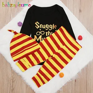 Весенняя одежда для маленьких мальчиков, 3 предмета, 2020 повседневный комбинезон с длинными рукавами и надписью + штаны в полоску + шапочка, комплекты одежды для новорожденных, BC1578-1