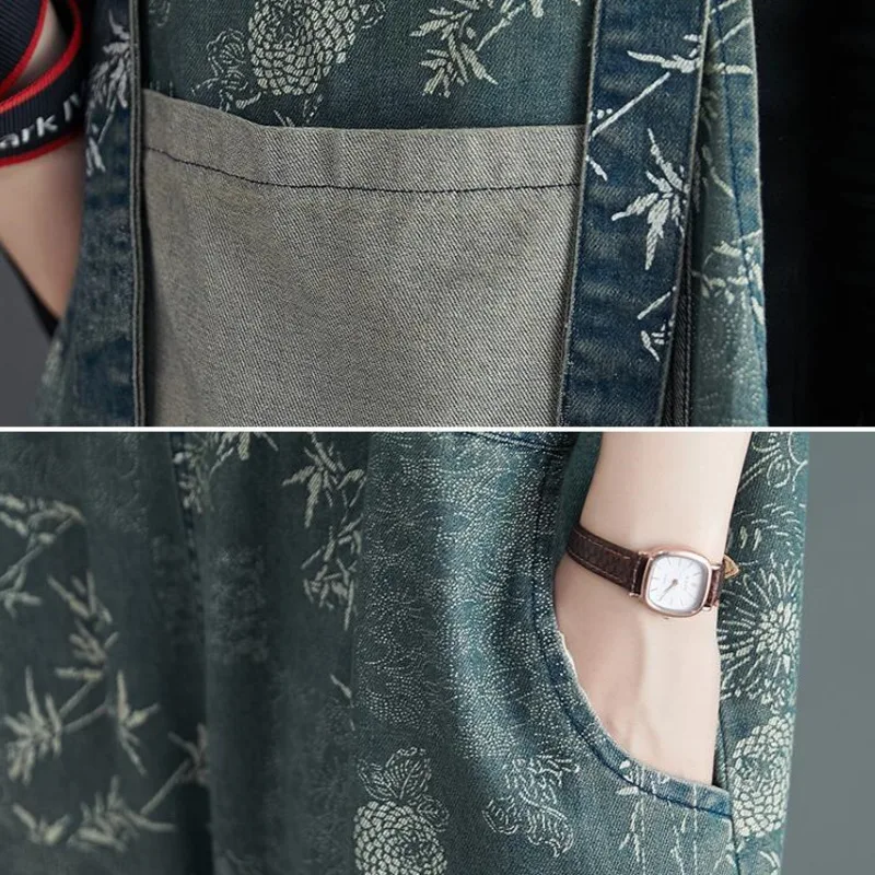 

#2349 Spring Vintage Jumpsuits Women Loose Retro Plus Size Harem Printed Wide Leg Rompers Womens Jeans Jumpsuit Patchwork