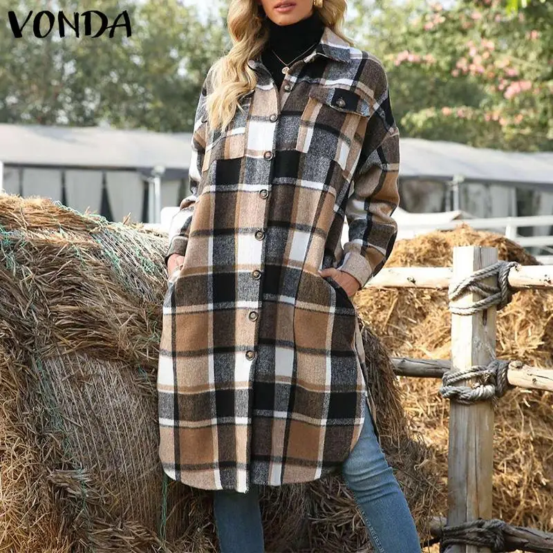 

2022 Осенняя Женская длинная рубашка VONDA с длинным рукавом, отложным воротником и пуговицами, Клетчатая блузка, Зимняя Повседневная Свободная...