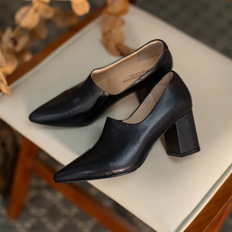 

Women Shoes Natural Leather pumps 22-24.5cm All-match elastic shoe mouth cowhide Sheepskin insole Korean pointed toe thick heel
