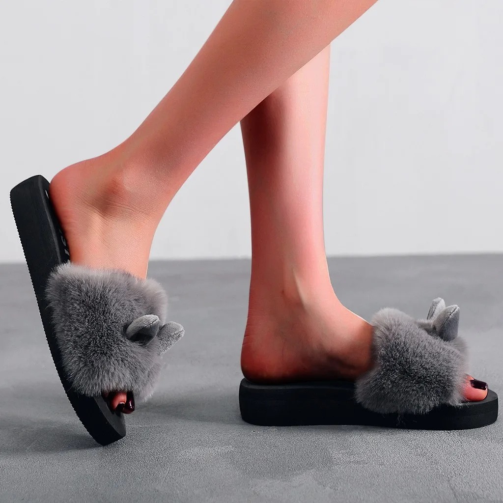 Заячьи ушки Мягкая плюшевая обувь без застежки для женщин на весну и зиму с