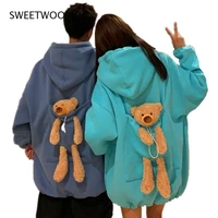 autumn hoodies women thicken plus velvet bear toy in back big pocket warm soft hooded sweatshirt couple matching pullover top