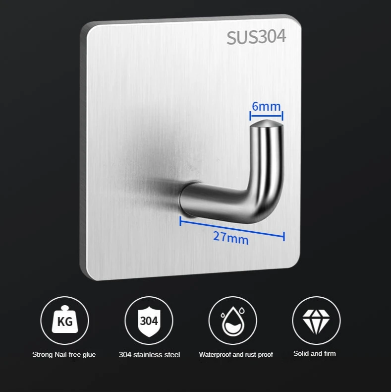 

Punch-Free Stainless Steel Sticky Hook Strong Traceless Hook Bathroom Towel Clothes Kitchen Load-Bearing Wall Mount Metal Hooke