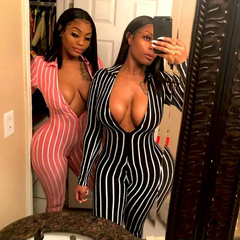 Женский комбинезон в полоску на молнии с отворотом 6 цветов Осенний длинным