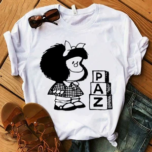 Funny Cartoon Paz Mafalda Or Quiero Cafe Printed T-Shirt Women Kawaii Clothes 2022 Summer Tops Tee Shirt Femme Harajuku Shirt