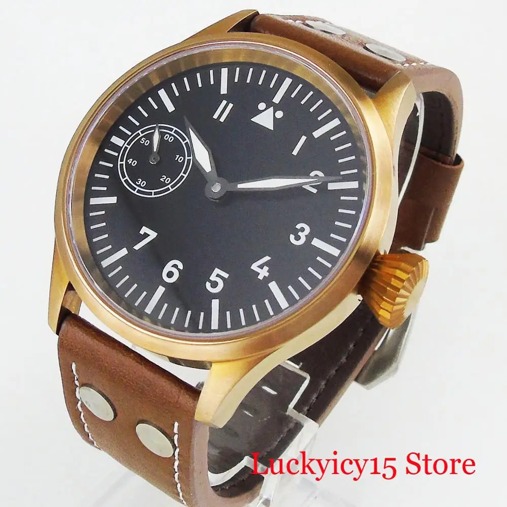 

CORGEUT Bronze Round Black PVD Plated Case Mechanical Hand Winding Men Wristwatch Sterile Dial 43MM Round Case 6497 Movement