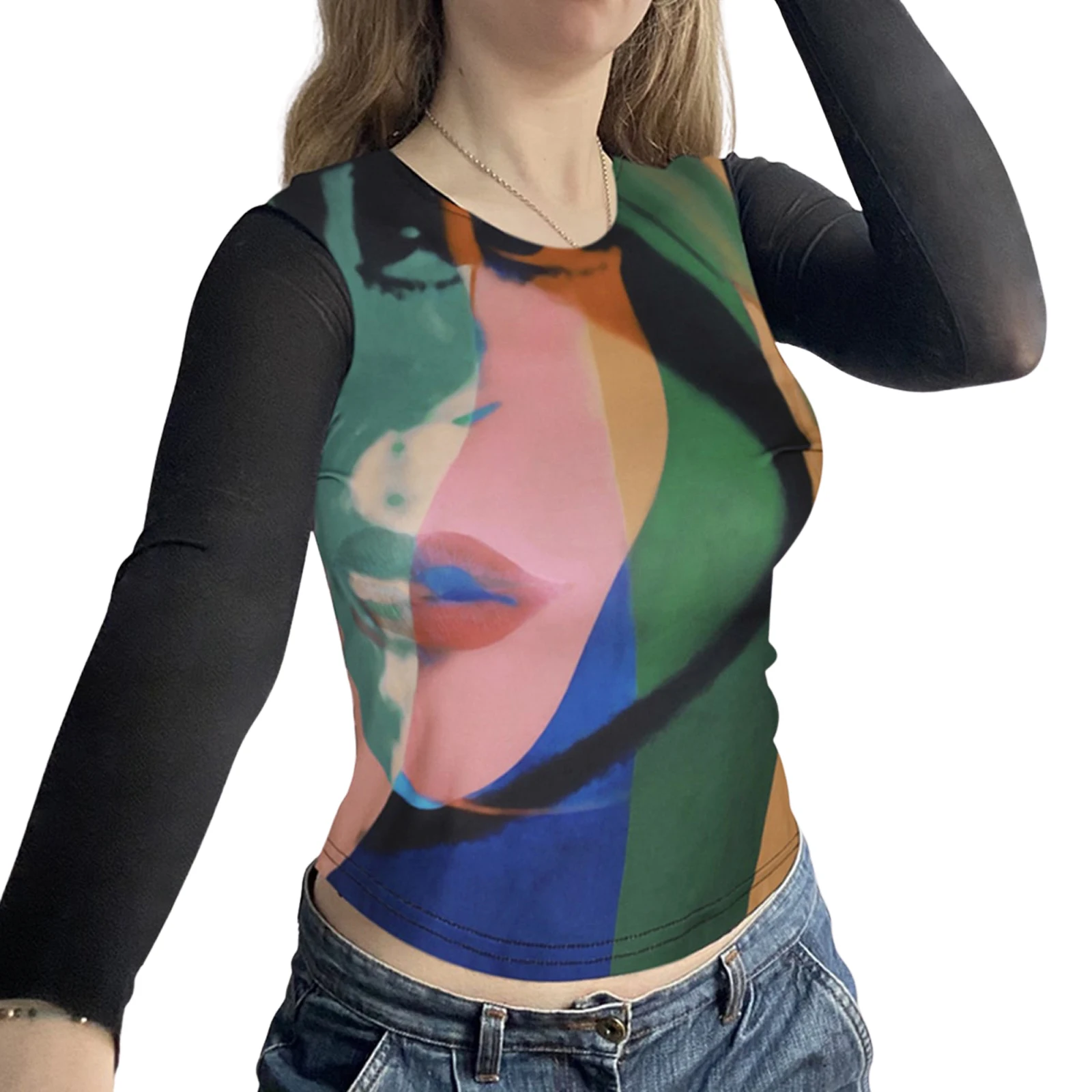 

Women Close-fitting Sheer Pullover T-shirts Variegated Color Portrait Printed Pattern Round Collar Crop Tops S/ M/ L