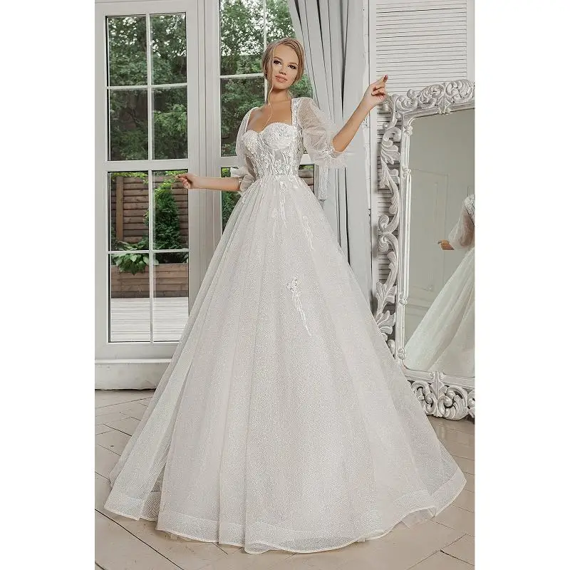 

Luxurious Ivory Shiny Tulle Sweetheart Half Sleeves Princess A-Line Wedding Dresses Custom Made Sweep/Brush Train