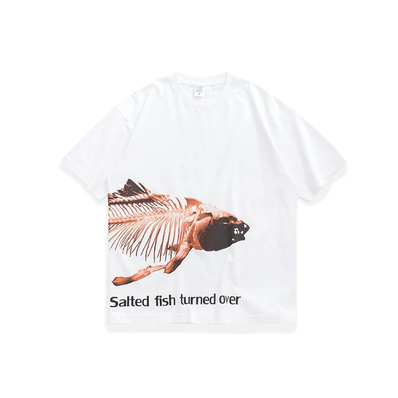 

Fashion Fishbone Animal Printing Drop Shoulder Sleeve T-Shirt High Street Trend Hip-Hop Cotton Unisex T Shirt NO75