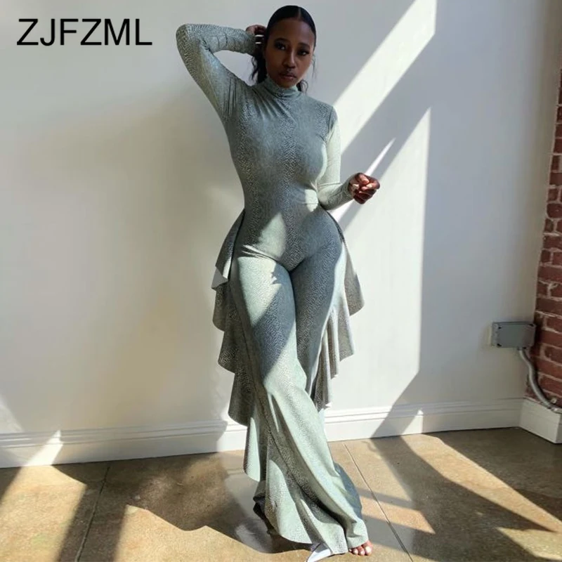 

Ruffles Patchwork Plus Size Wide Leg Overall for Women Turtleneck Sexy One Piece Bodysuits Long Sleeve Loose Causal Jumpsuits