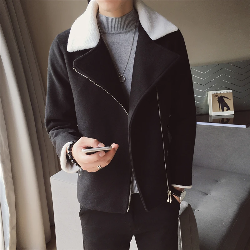 2021 Winter Warm Short Wool Coat Korean Slim Fit Lamb Collar Jacket Men Casual Trend Green Black Youth | Мужская одежда