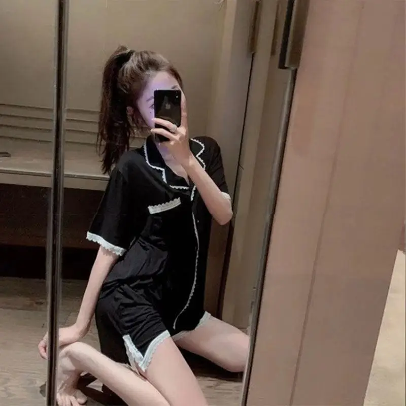 Summer New Short Sleeve Shorts Women's Pajamas Set  Solid Loose Lace 2Pcs Suit Home Wear Sleepwear Turn-down Collar Nightwear