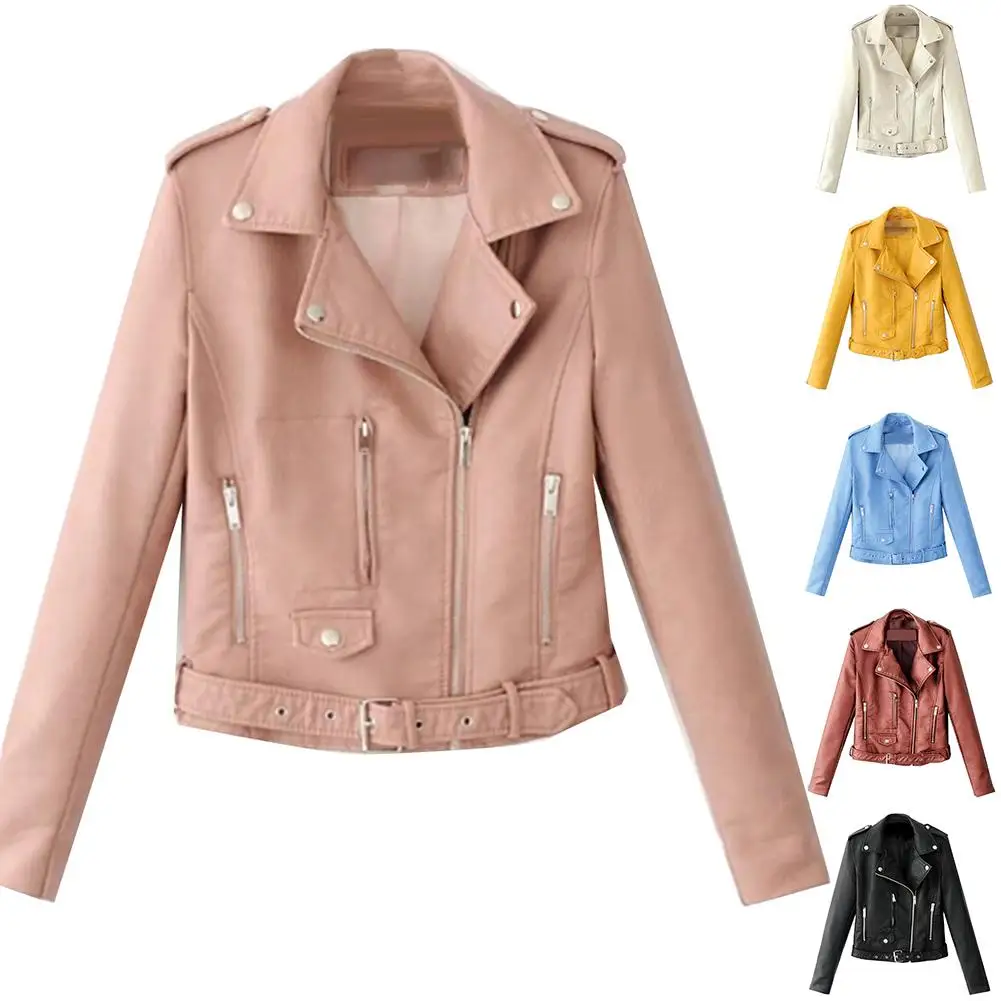

Lady Leather Long Sleeve Lapel Zipper Button Motorcycle Jacket Short Coat