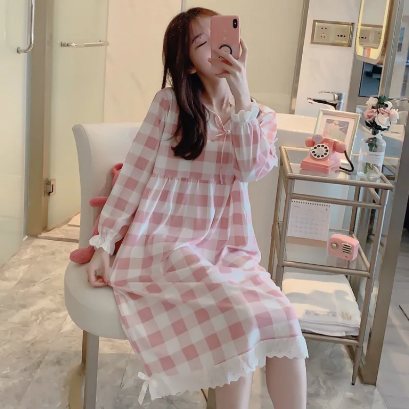 Женские ночные рубашки в клетку с круглым вырезом и бантом размера плюс 2XL